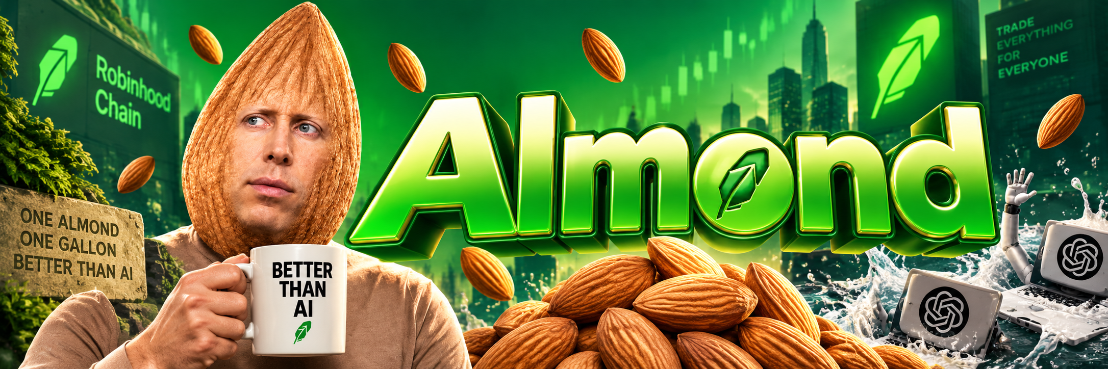 Almond campaign art: Sam Almond, a pile of almonds, and the line better than AI